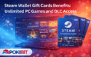 Steam Wallet Gift Card used for purchasing PC games and DLC showing gaming library digital wallet balance and instant access to premium content