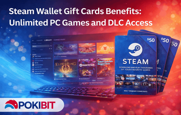Steam Wallet Gift Card used for purchasing PC games and DLC showing gaming library digital wallet balance and instant access to premium content