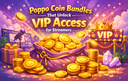 Illustration promoting Poppo Coin bundles unlocking VIP access for streamers with gold coins a VIP stage and festive lights
