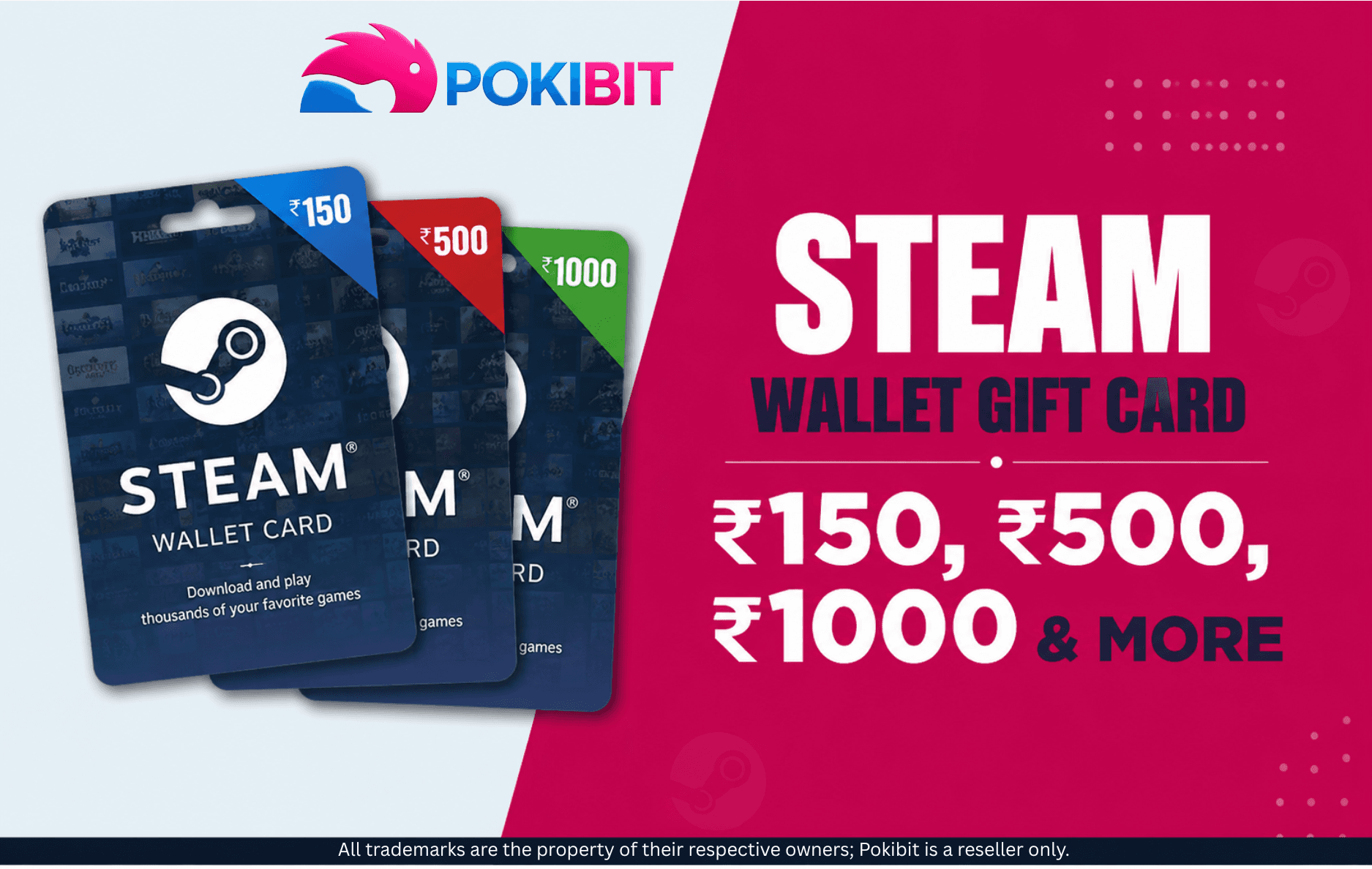 Steam gift cards in different denominations