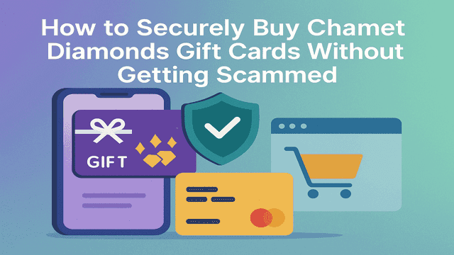 Illustration showing a smartphone Chamet Diamonds gift card credit card secure shield icon and online shopping cart with the text