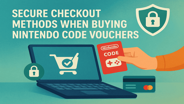 Illustration of a laptop credit card and hand holding a Nintendo code voucher with text Secure Checkout Methods When Buying Nintendo Code Vouchers
